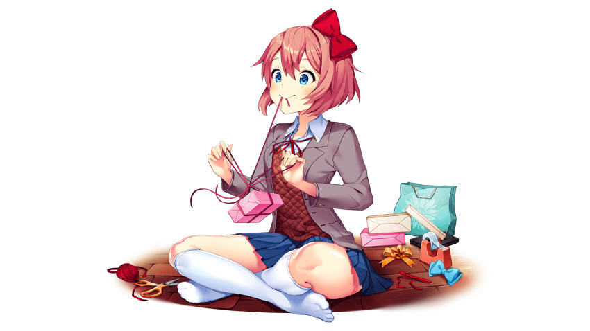 1girl, bag, blazer, blue_bag, blue_bow, blue_eyes, blue_skirt, blush