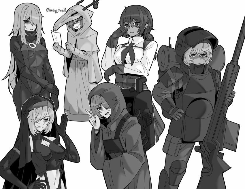 1boy, 6+girls, absurdres, anti-materiel_rifle, armor, atla_(the_citadel), backpack, bag