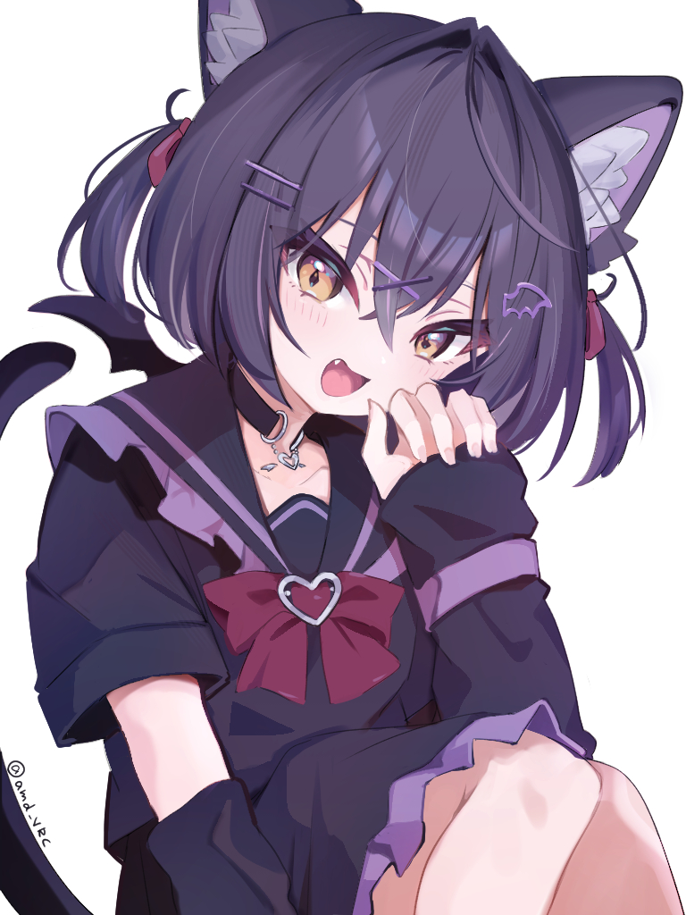 1girl, :d, amd_vrc, animal_ear_fluff, animal_ears, arm_warmers, bat_wings, black_choker, black_hair, black_sailor_collar, bow, bowtie, cat_ears, cat_girl, cat_tail, chocolat_(vrchat), choker, dress, fang, frilled_sailor_collar, frills, hair_ornament, hairclip, heart, looking_at_viewer, mini_wings, open_mouth, purple_sailor_collar, red_bow, red_bowtie, ribbon, sailor_collar, short_hair, short_sleeves, simple_background, sitting, skirt, smile, solo, tail, twitter_username, two_side_up, vrchat, white_background, wings, yellow_eyes