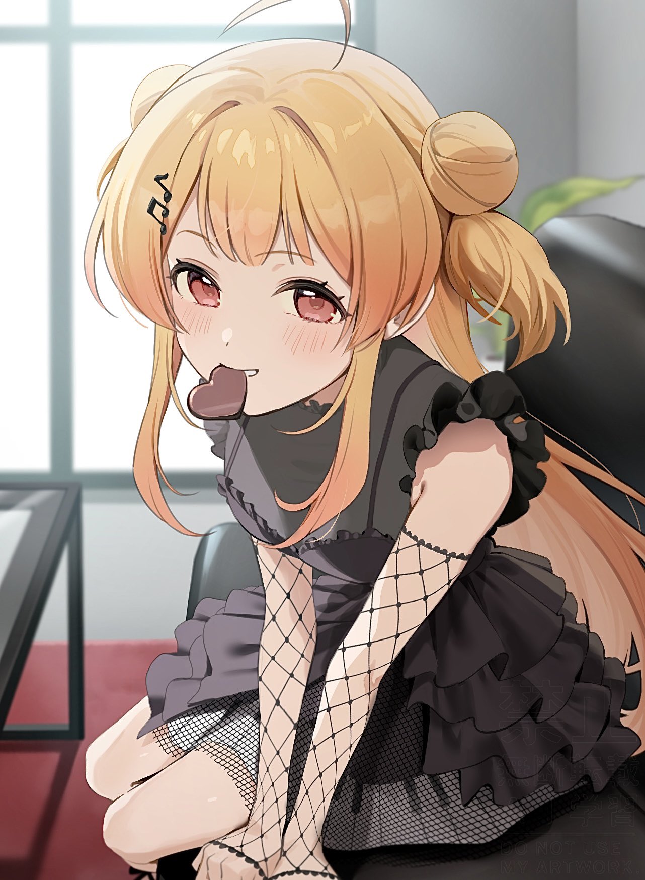 1girl, ahoge, black_dress, blonde_hair, blush, chocolate, couch, detached_sleeves, double_bun, dress, fishnet_sleeves, fishnets, food_in_mouth, hair_bun, hair_ornament, hair_ribbon, highres, hololive, hololive_dev_is, indoors, long_hair, looking_at_viewer, mitohas, musical_note, musical_note_hair_ornament, on_couch, otonose_kanade, piano_keys, piano_print, plant, potted_plant, red_eyes, red_ribbon, ribbon, skirt, smile, solo, table, twintails, virtual_youtuber