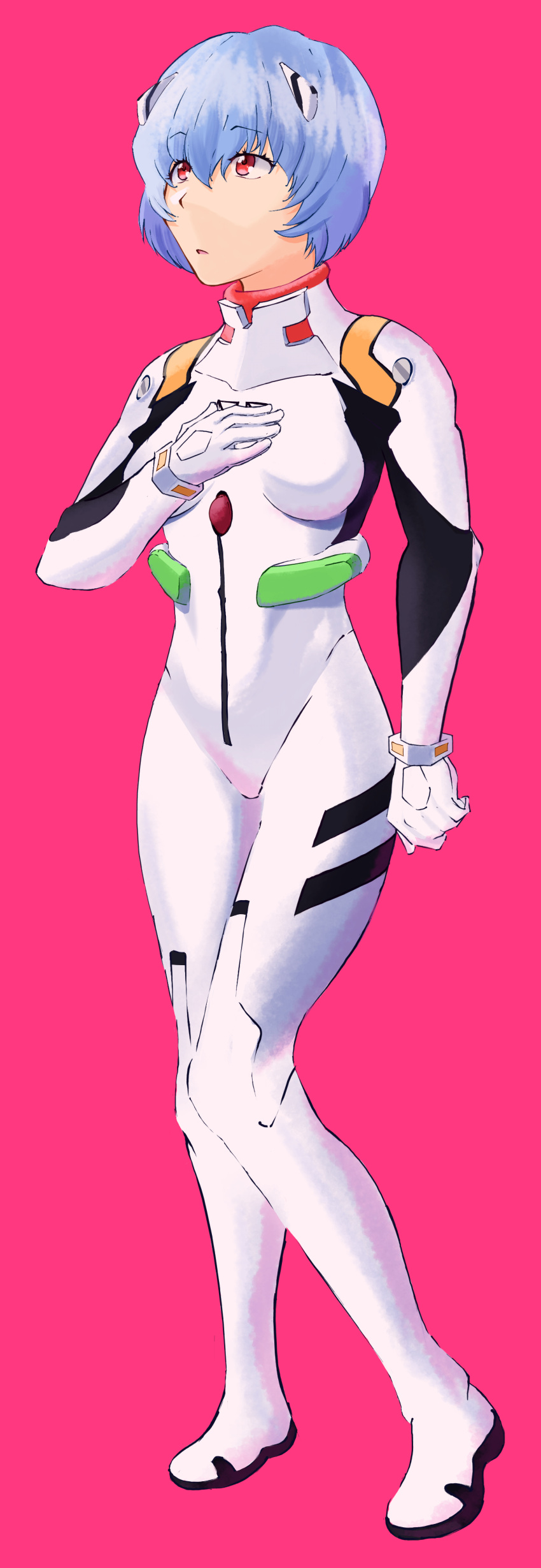 1girl, absurdres, ayanami_rei, blue_hair, bodysuit, bracelet, breasts, hand_on_own_chest, highres, interface_headset_(evangelion), jewelry, mecha_pilot_suit, medium_breasts, neon_genesis_evangelion, plugsuit_(evangelion), radabacaxi, red_background, red_eyes, short_hair, simple_background, solo, turtleneck, white_bodysuit