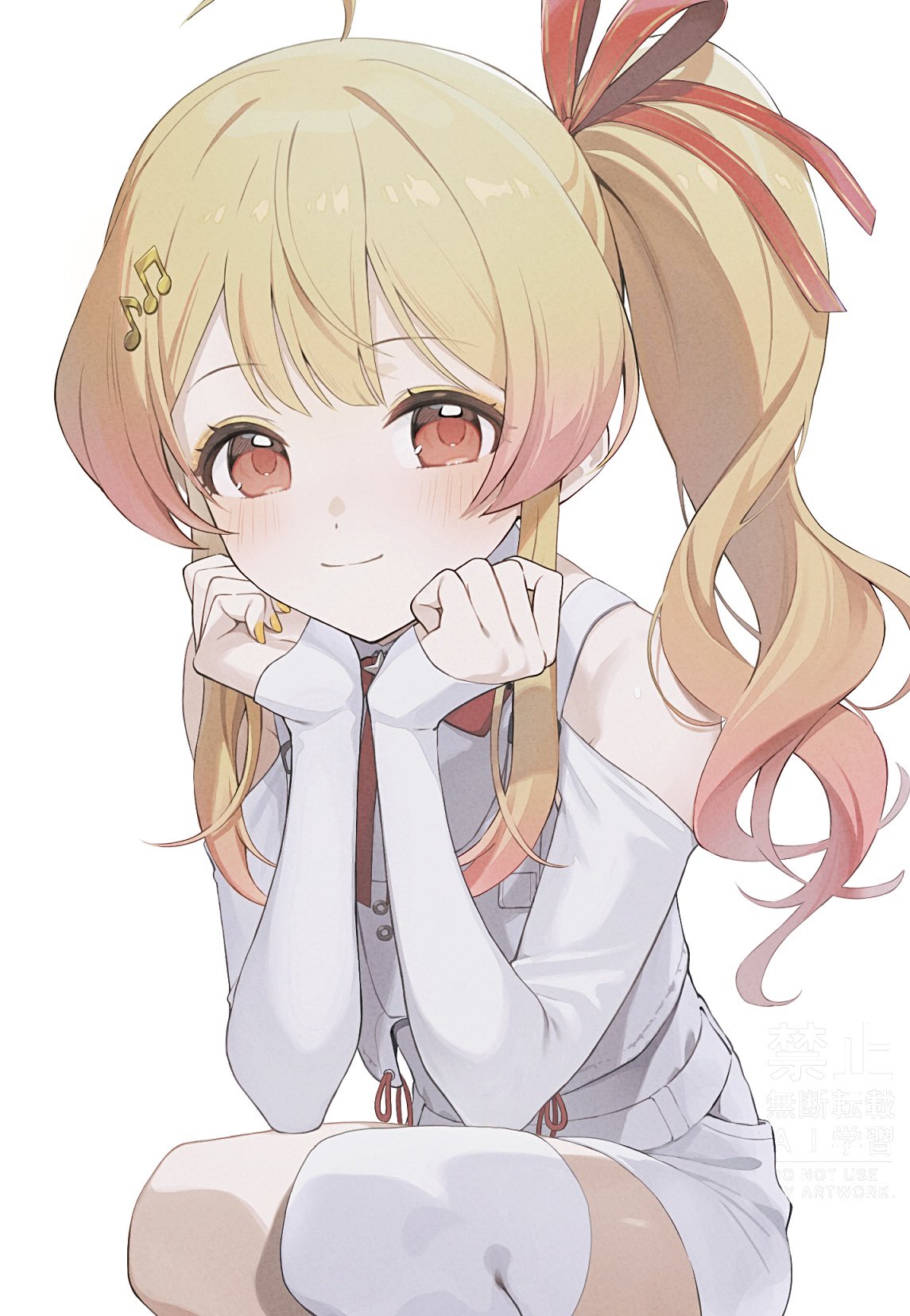 1girl, ahoge, bare_shoulders, blonde_hair, blush, hair_ornament, hair_ribbon, highres