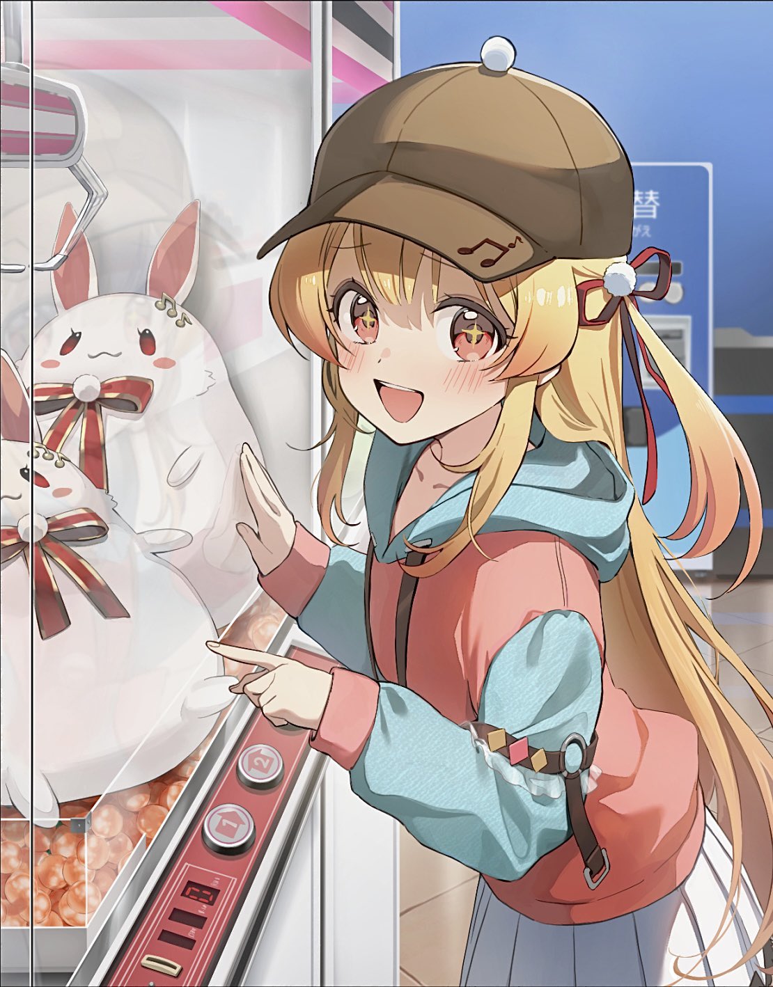 1girl, alternate_costume, blonde_hair, blush, crane_game, hair_ornament, hair_ribbon, highres