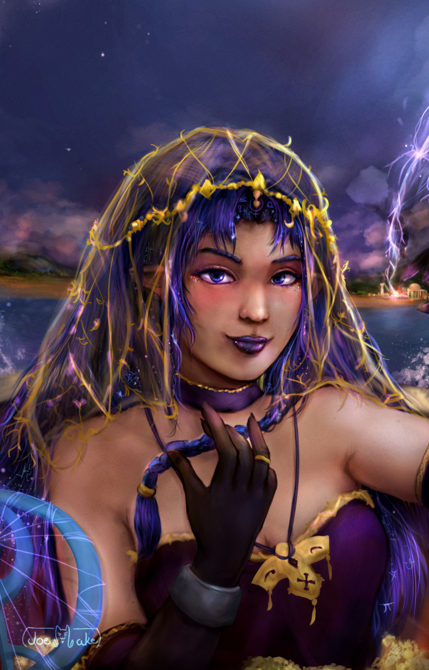 1girl, alternate_costume, artist_name, beach, blue_eyes, blue_hair, braid, breasts, choker, english_commentary, fate/stay_night, fate_(series), gloves, hecate's_staff_(fate), highres, in_water, jewelry, joemakethis, long_hair, medea_(caster)_(fate), medea_(fate), ocean, pi_(math), pointy_ears, purple_choker, ring, side_braid, smile, solo