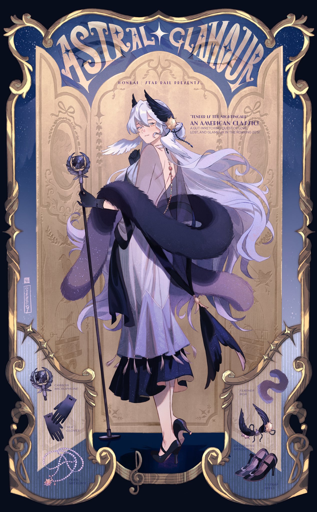 1920s_(style), 1girl, alternate_costume, aqua_eyes, backless_dress, backless_outfit, black_border, black_gloves