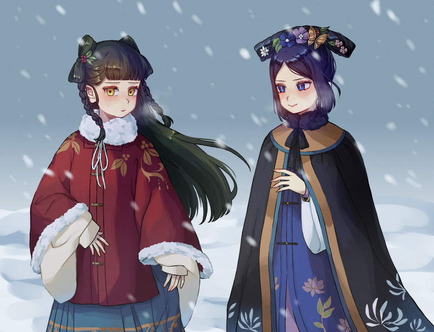 2girls, aoqun, blue_eyes, blue_skirt, cape, chinese_clothes, flower, green_hair, hair_flower, hair_ornament, hanfu, highres, kuroussa, liangbatou, long_sleeves, mamianqun, ming_dynasty, ming_dynasty_(kuroussa), multiple_girls, original, outdoors, personification, purple_hair, qing_dynasty, qing_dynasty_(kuroussa), skirt, snow, snowing, winter, yellow_eyes
