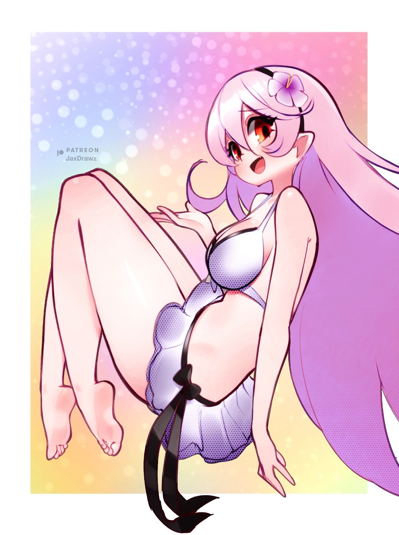 1girl, artist_name, barefoot, bikini, bikini_skirt, black_hairband, border, breasts