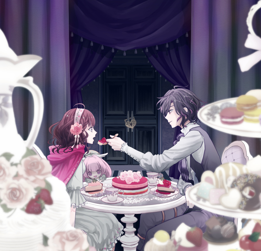 1boy, 1girl, ani_inako, bags_under_eyes, black_vest, blurry, blurry_foreground, brown_hair