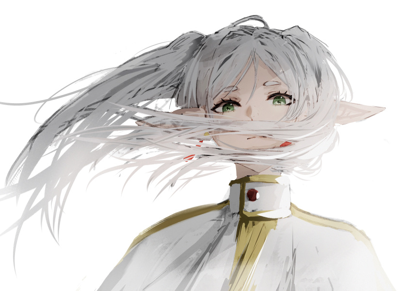 1girl, absurdres, closed_mouth, commentary_request, earrings, expressionless, frieren, green_eyes