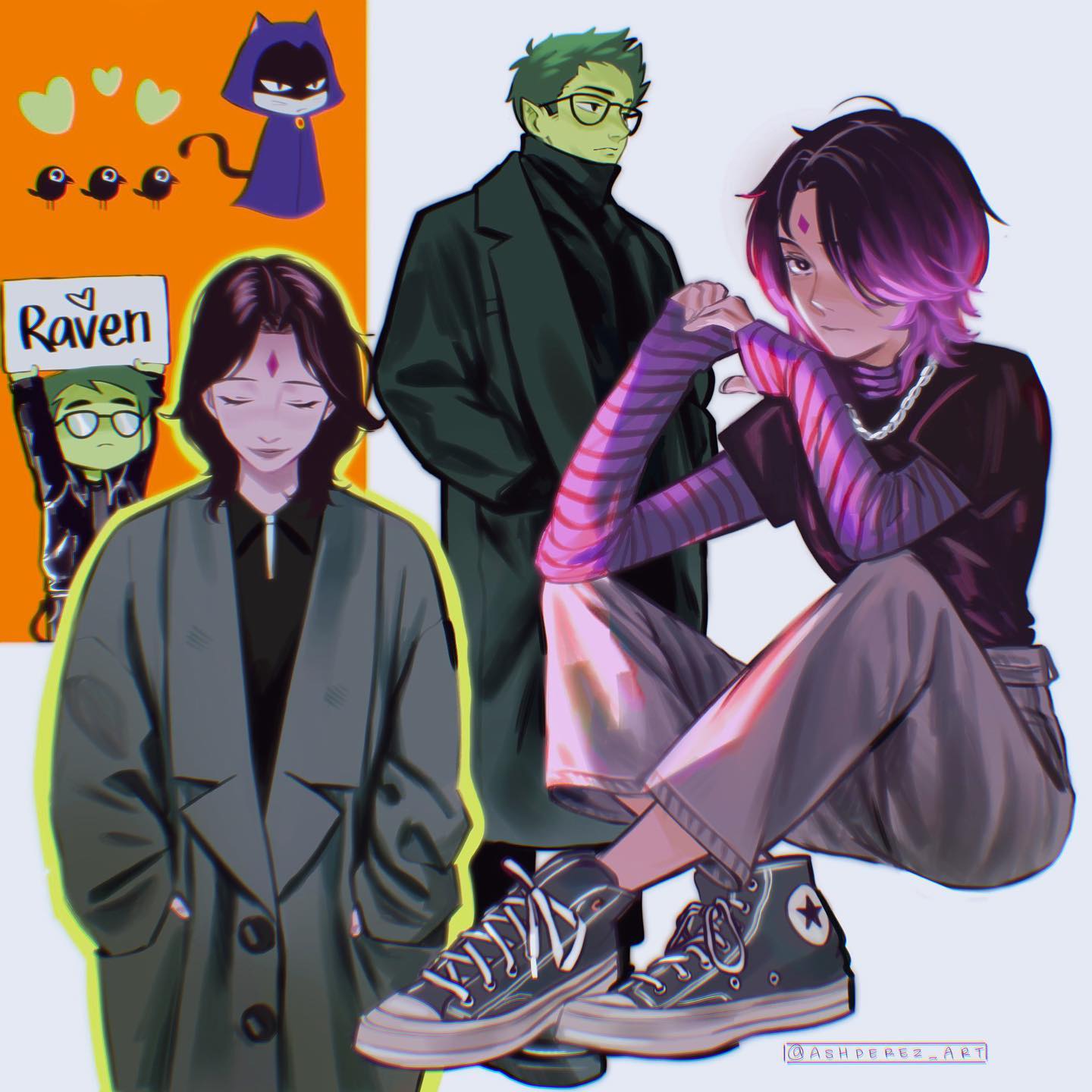 1boy, 1girl, animal_ears, beast_boy_(dc), black_hair, blue_cloak, cat_ears, cat_girl, cat_tail, chain, chain_necklace, cloak, closed_eyes, coat, colored_skin, commentary, converse, dc_comics, english_commentary, facial_mark, forehead_mark, frown, glasses, gradient_hair, green_coat, green_hair, green_skin, grey_coat, grey_pants, hair_over_one_eye, hands_in_pockets, highres, holding, holding_sign, hood, hooded_cloak, jewelry, kemonomimi_mode, multicolored_hair, necklace, opaque_glasses, panprika11, pants, pink_hair, raven_(dc), shoes, sign, sitting, sleeves_past_wrists, smile, sneakers, striped_sleeves, tail, teen_titans, teen_titans_go!