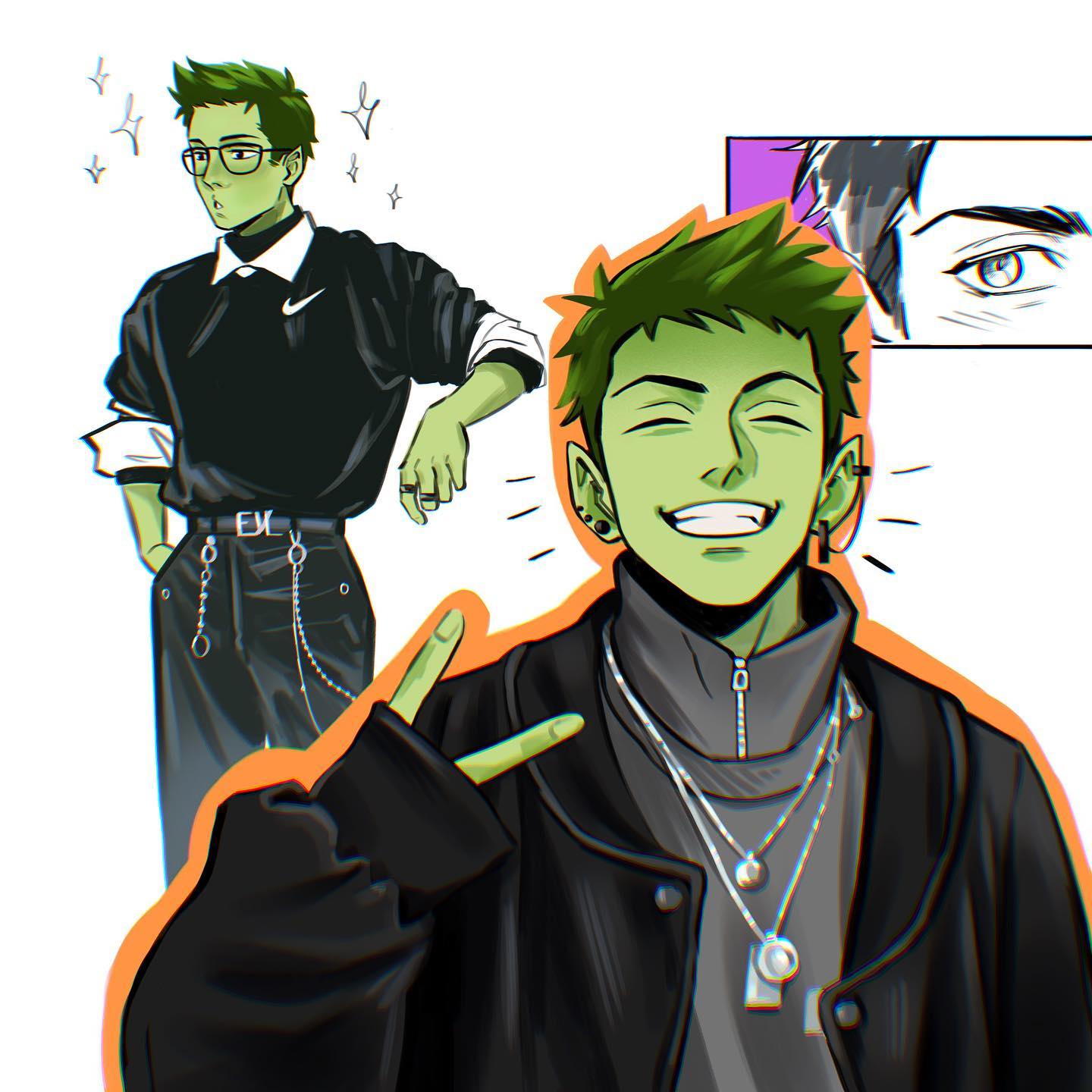 1boy, beast_boy_(dc), black_pants, closed_eyes, colored_skin, commentary, dc_comics, ear_piercing