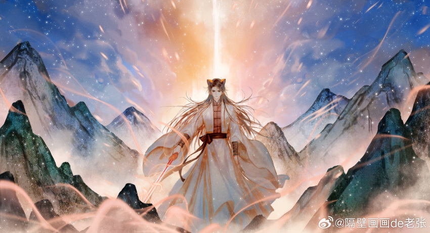 1boy, arm_at_side, aura, black_eyes, brown_hair, cat_boy, chinese_clothes, chinese_commentary