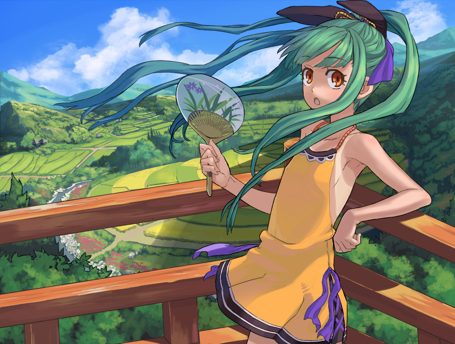 arm_support, armpits, bangs, bare_shoulders, dress, face, fan, field