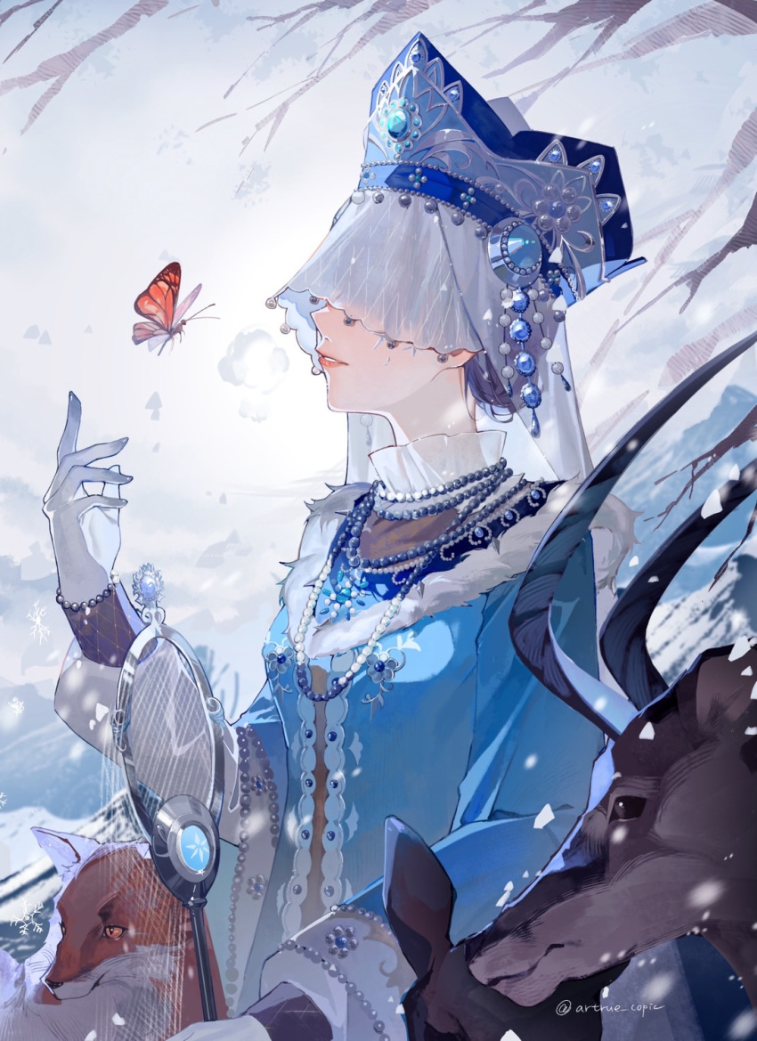 1girl, antelope, artue, bare_tree, blue_dress, blue_gemstone, branch, breath, bug, butterfly, butterfly_net, covered_eyes, crown, dress, fox, frilled_shirt_collar, frills, fur-trimmed_dress, fur_trim, gem, gloves, hair_bun, hand_net, highres, holding, holding_butterfly_net, identity_v, jewelry, long_sleeves, melly_plinius, melly_plinius_(sophia), necklace, orange_butterfly, orange_lips, parted_lips, pearl_necklace, profile, purple_hair, single_hair_bun, snowing, solo, tree, upper_body, veil, veil_over_eyes, white_gloves, white_veil