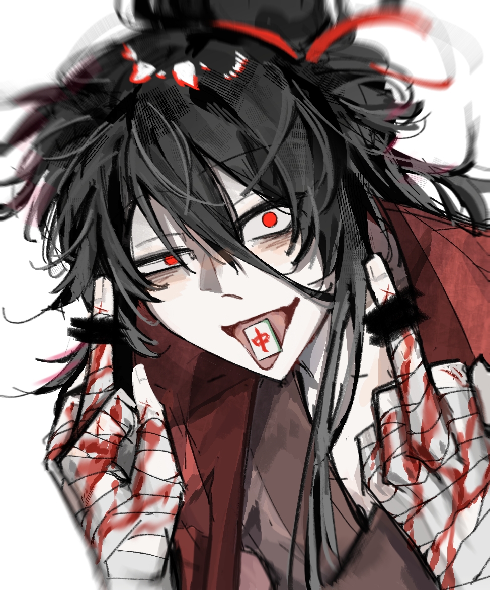 1boy, bags_under_eyes, bandaged_arm, bandaged_hand, bandages, bar_censor, black_hair, black_hanfu