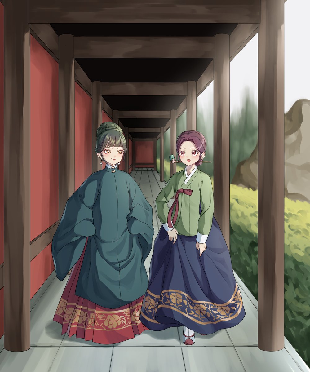 aoqun, architecture, blue_skirt, chinese_clothes, east_asian_architecture, green_hair, hair_bun, hair_ornament