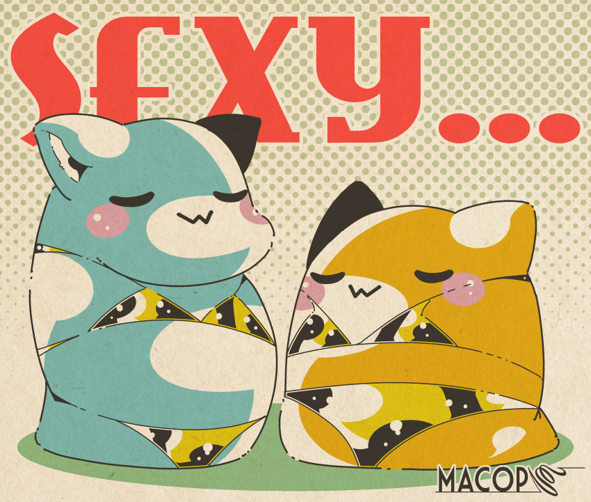:3, absurdres, artist_name, bikini, blobcat, blush_stickers, closed_eyes, english_text