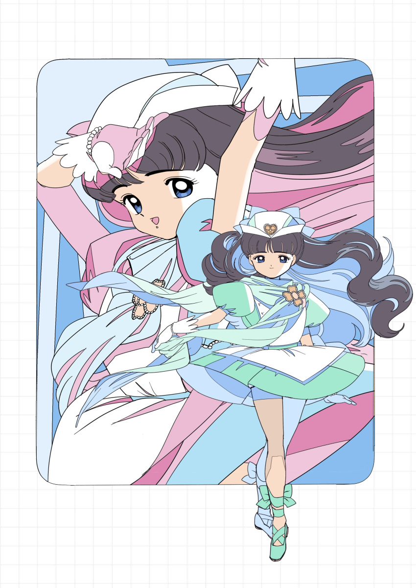 1girl, absurdres, arms_up, ballet_slippers, black_hair, blue_bow, blue_dress, blue_eyes