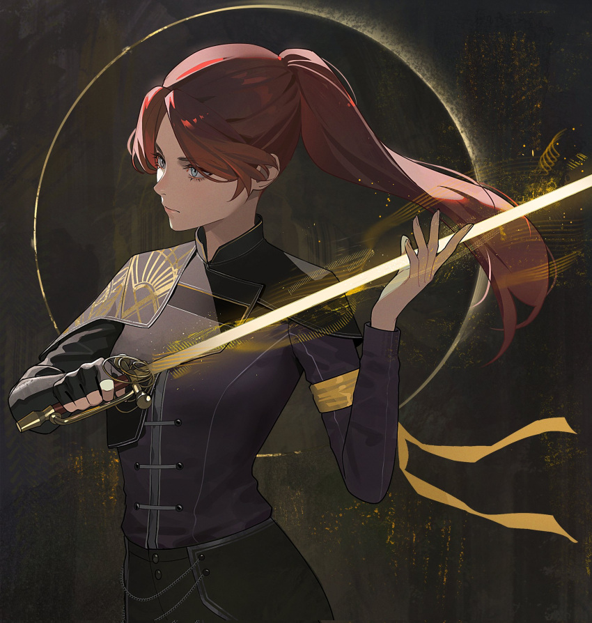 1girl, arm_ribbon, black_background, black_gloves, black_pants, blue_eyes, clair_obscur:_expedition_33, drid