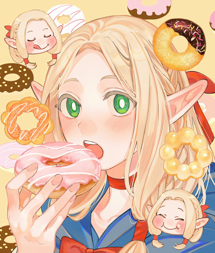 1girl, :q, alt_text, blonde_hair, blue_capelet, blush, bow, braid, capelet, chibi, chibi_inset, choker, closed_eyes, closed_mouth, doughnut, dungeon_meshi, eating, elf, food, green_eyes, hair_ribbon, hair_tubes, hand_up, highres, holding, holding_donut, holding_food, hood, hooded_capelet, long_hair, looking_at_viewer, low-tied_sidelocks, marcille_donato, open_mouth, parted_hair, pointy_ears, portrait, print_background, red_bow, red_choker, red_ribbon, ribbon, sasakura34, side_braid, sidelocks, smile, solo, teeth, tongue, tongue_out, upper_teeth_only, yellow_background