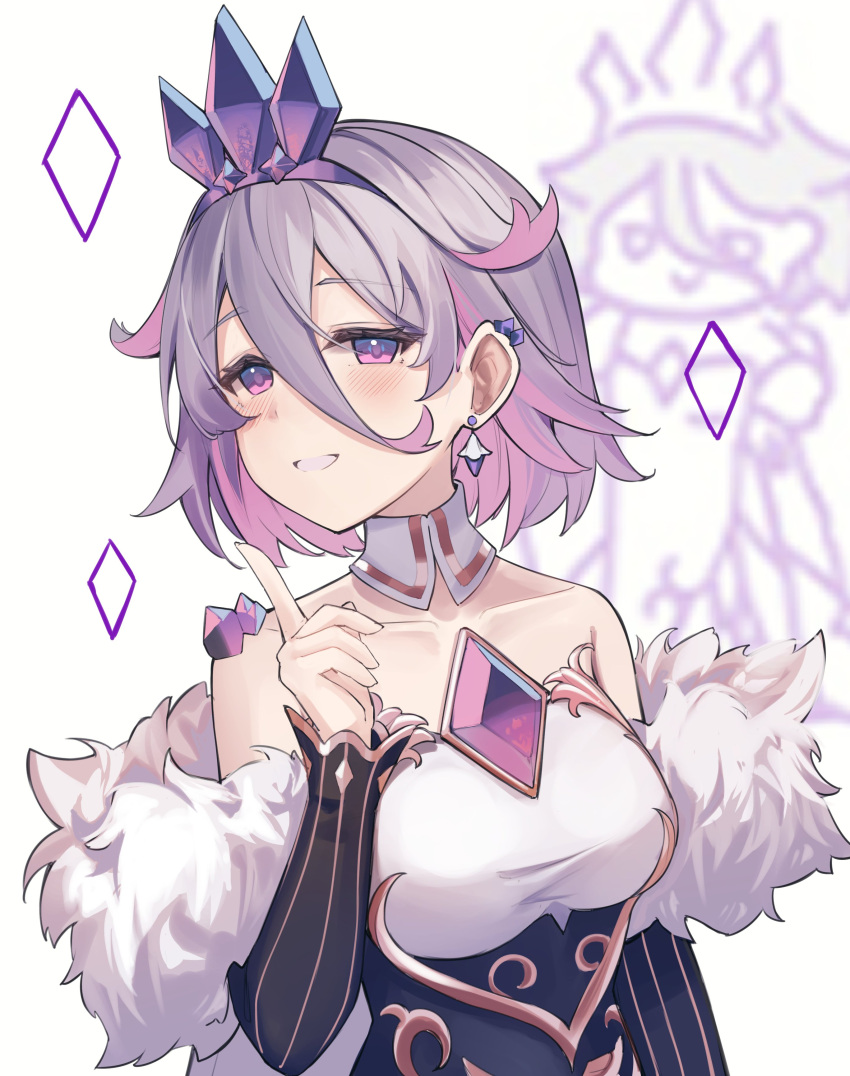1girl, absurdres, blush, breasts, chest_jewel, colored_inner_hair, doodle_background, dress
