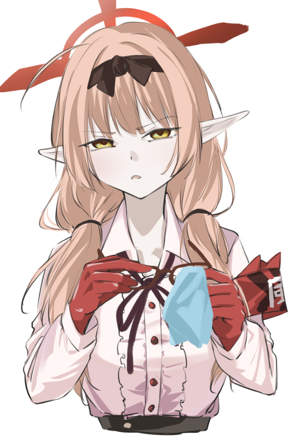 1girl, armband, blonde_hair, blue_archive, brown-framed_eyewear, brown_hairband, brown_ribbon, center_frills