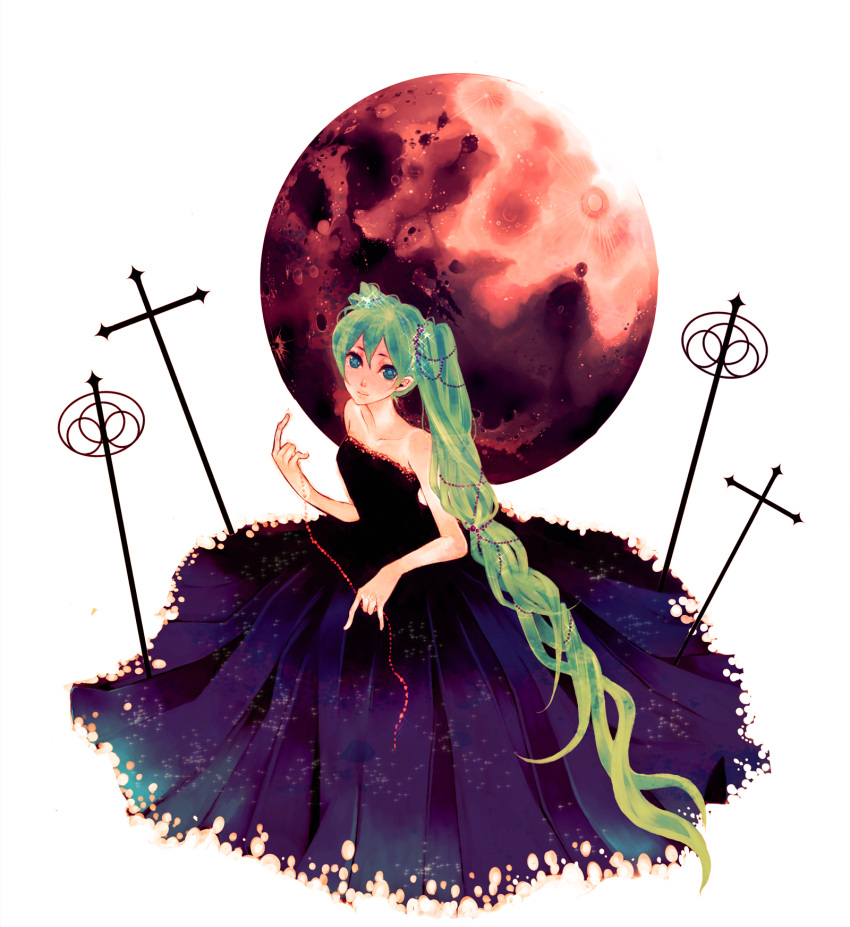 aqua_eyes, bare_shoulders, cross, dress, full_moon, green_hair, hatsune_miku, highres, ichiko_(dragn), long_hair, moon, red_moon, simple_background, solo, strapless_dress, very_long_hair, vocaloid