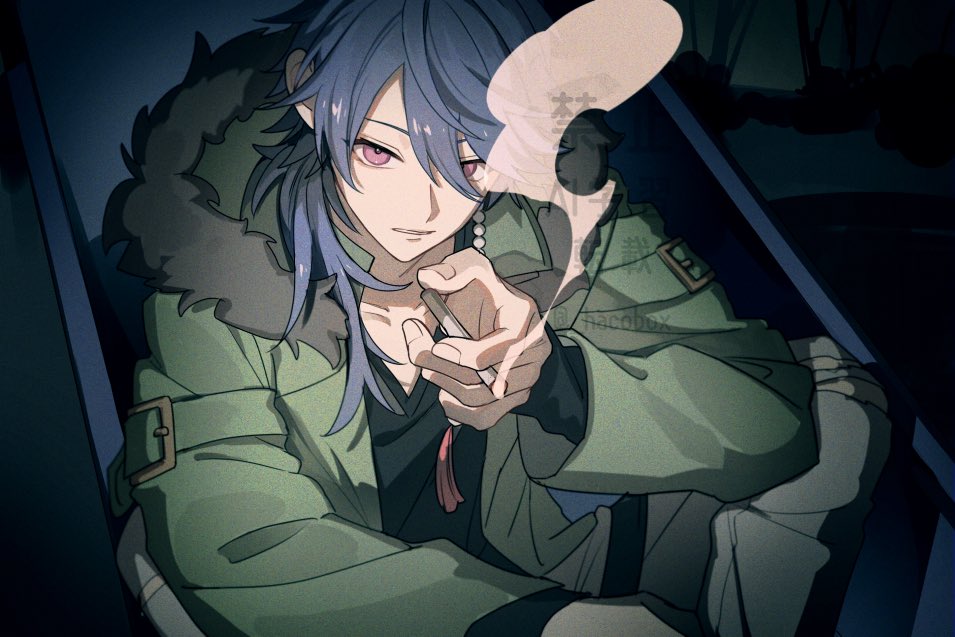 1boy, arisugawa_dice, black_shirt, blue_hair, cigarette, commentary, cowboy_shot, crossed_legs