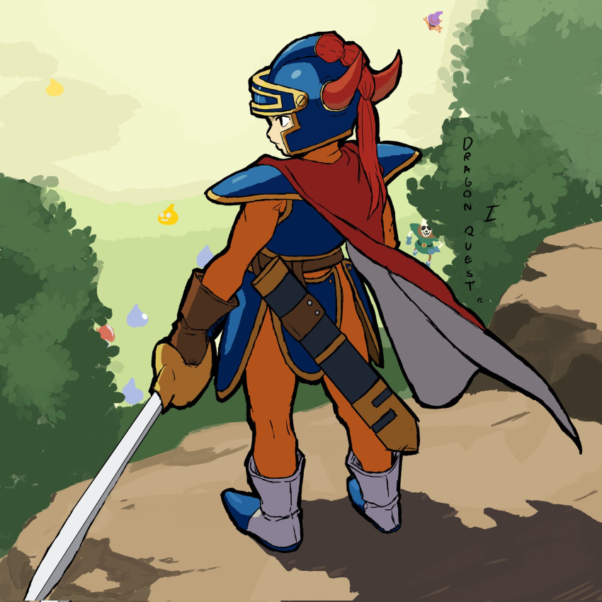1boy, armor, boots, breastplate, brown_gloves, cape, commentary, copyright_name, dragon_quest, dragon_quest_i, english_commentary, fake_horns, faulds, full_body, gloves, helmet, hero_(dq1), highres, holding, holding_sword, holding_weapon, horned_helmet, horns, looking_to_the_side, lunchiblz, male_focus, monster, outdoors, pauldrons, red_cape, scabbard, sheath, shoulder_armor, slime_(dragon_quest), solo, standing, sword, two-sided_cape, two-sided_fabric, weapon, white_boots