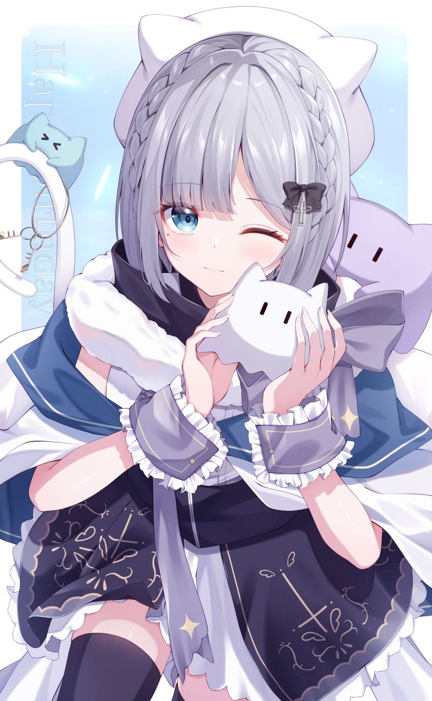 1girl, absurdres, animal_hat, asymmetrical_bangs, beret, black_bow, black_dress, black_thighhighs