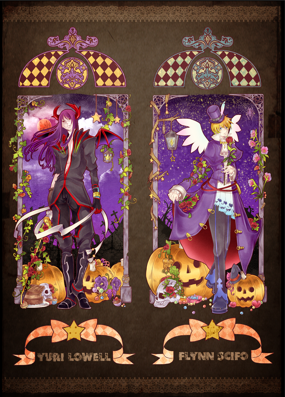 2boys, alternate_costume, art_nouveau, bat_wings, berries, blonde_hair, blue_eyes, boots