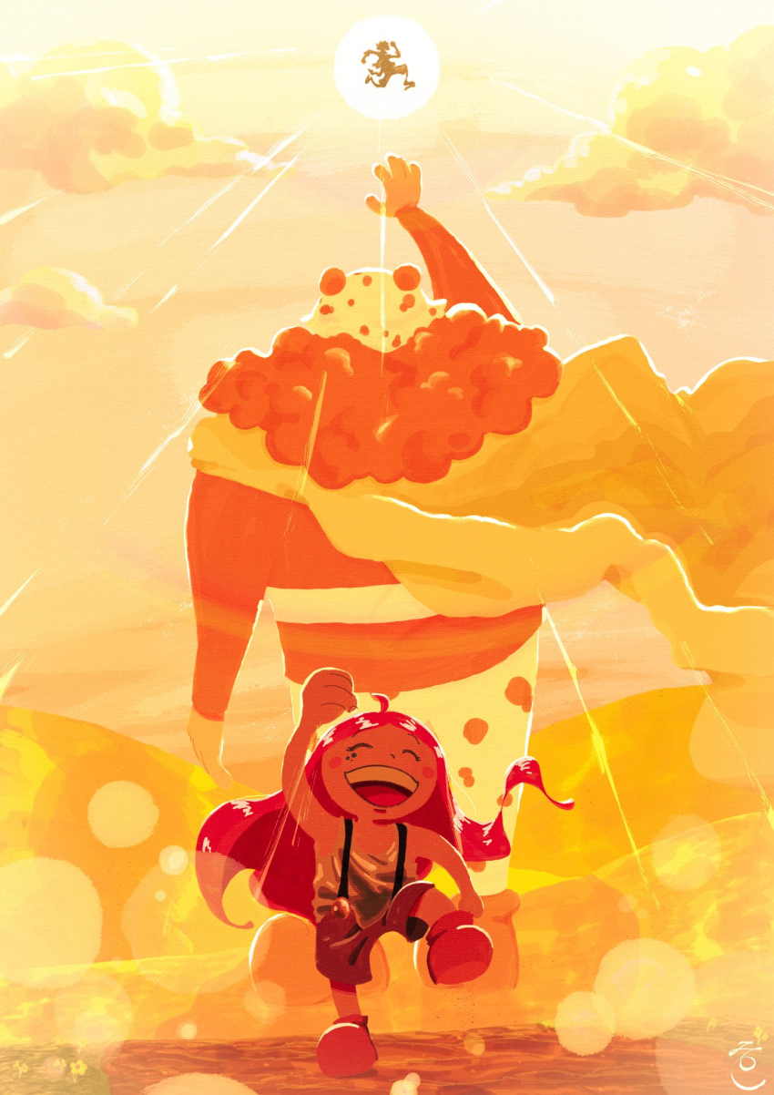 1girl, 2boys, ahoge, arm_up, back, bartholomew_kuma, blush_stickers, boots