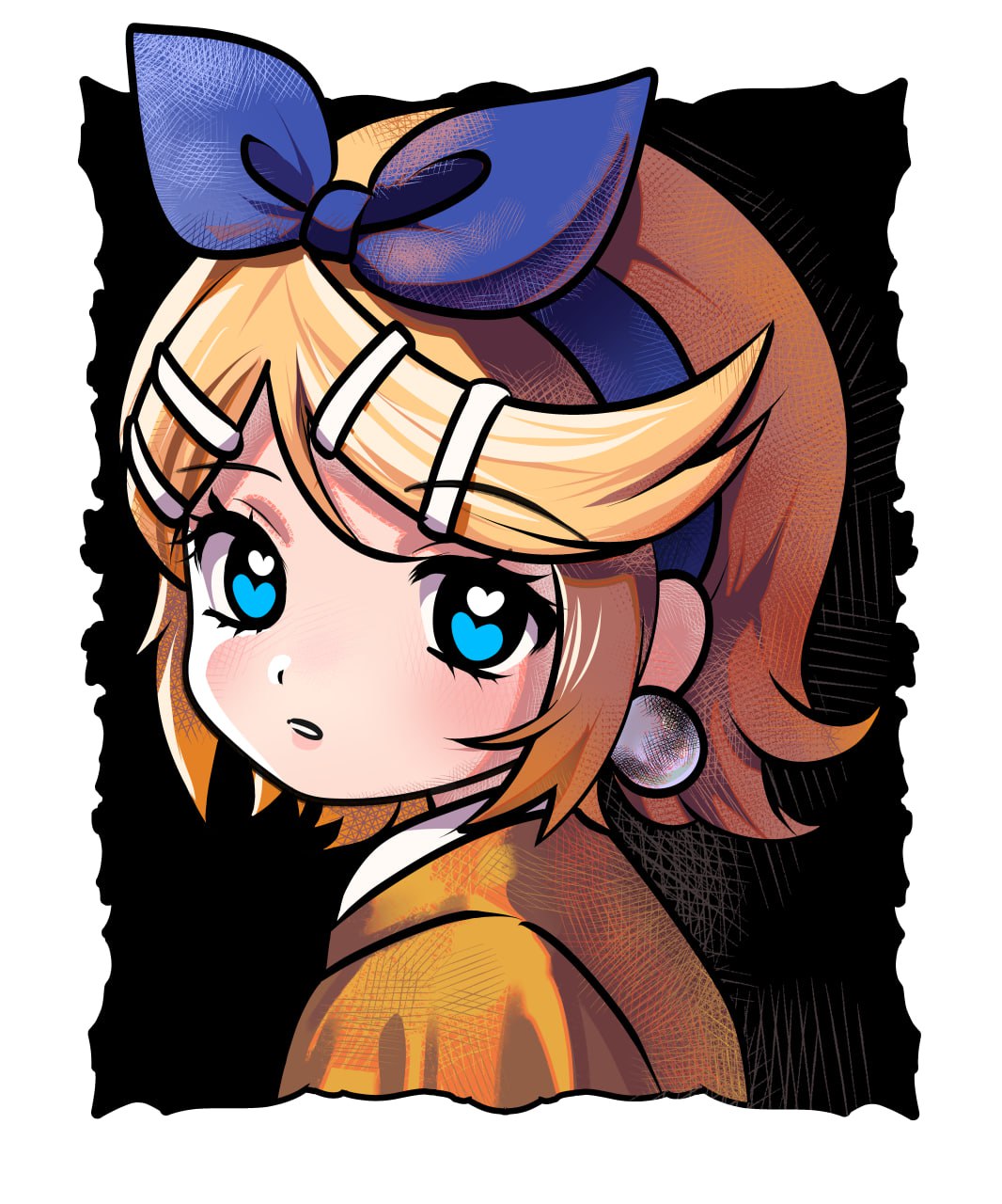 1girl, babylonholic, black_background, blonde_hair, blue_bow, blue_eyes, blue_ribbon, blush