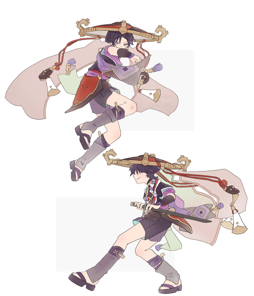 1boy, anni_(556_an), armor, black_hair, black_hat, black_kimono, black_mask, black_sandals, black_shorts, black_sleeves, blunt_ends, furisode, genshin_impact, gold, gold_trim, grey_eyes, grey_leggings, grey_veil, hat, highres, holding, holding_sword, holding_weapon, japanese_armor, japanese_clothes, jingasa, juban, kimono, kote, kurokote, layered_shorts, layered_sleeves, leggings, male_focus, mask_on_hat, multiple_views, o-ring, obscured_eyes, open_clothes, open_kimono, purple_rope, purple_sash, purple_shorts, purple_sleeves, red_hat, red_kimono, red_sash, rope, sandals, sash, scaramouche_(genshin_impact), shimenawa, short_sleeves, shorts, sideways_mouth, smile, solo, stirrup_legwear, sword, tassel, toeless_legwear, toes, veil, watermark, weapon, white_kimono, white_rope, zouri