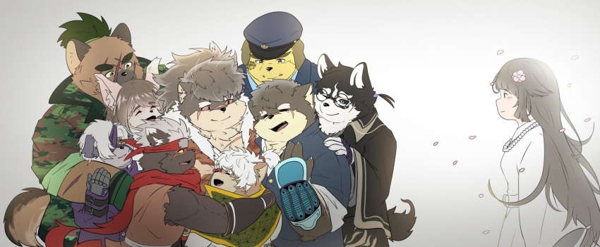 1girl, 6+boys, animal_ears, arujoseru, closed_eyes, closed_mouth, colored_sclera, commentary