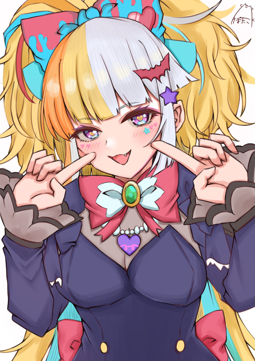1girl, absurdres, blonde_hair, blue_hair, breasts, grey_hair, heart, heart-shaped_pupils