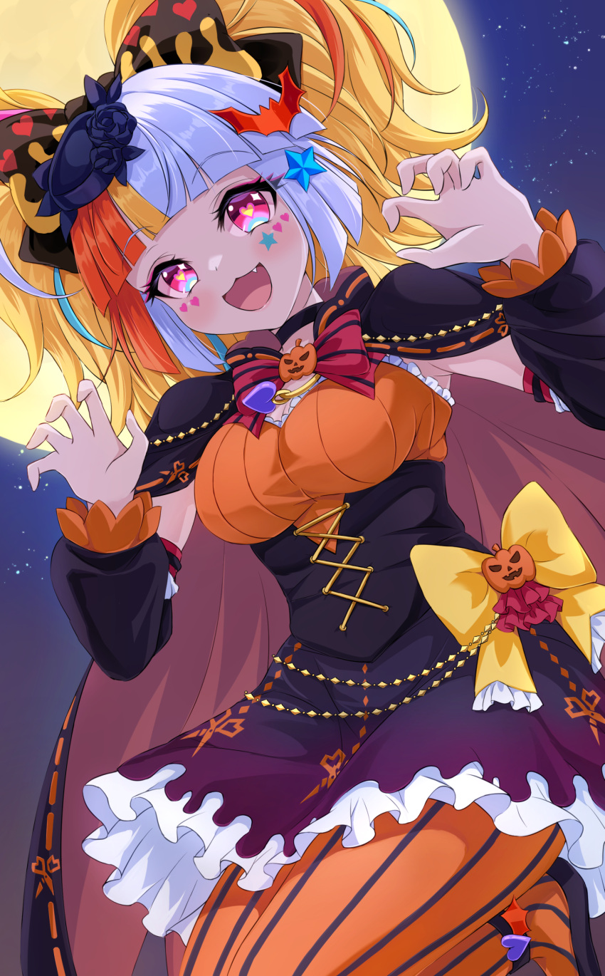 absurdres, akirappy, blonde_hair, blue_hair, breasts, claw_pose, grey_hair, halloween
