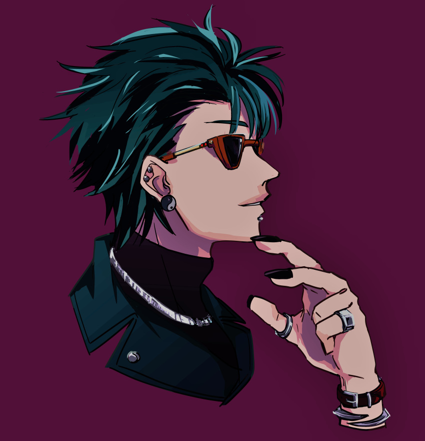 1boy, absurdres, black_nails, black_turtleneck, bracelet, commentary_request, ear_piercing, earrings, face_piercing, green_hair, highres, jewelry, kawakami_bansai, lip_piercing, male_focus, mgmg_tbtb2323, nail_polish, necklace, piercing, profile, purple_background, ring, solo, sunglasses, yin_yang, yin_yang_earrings