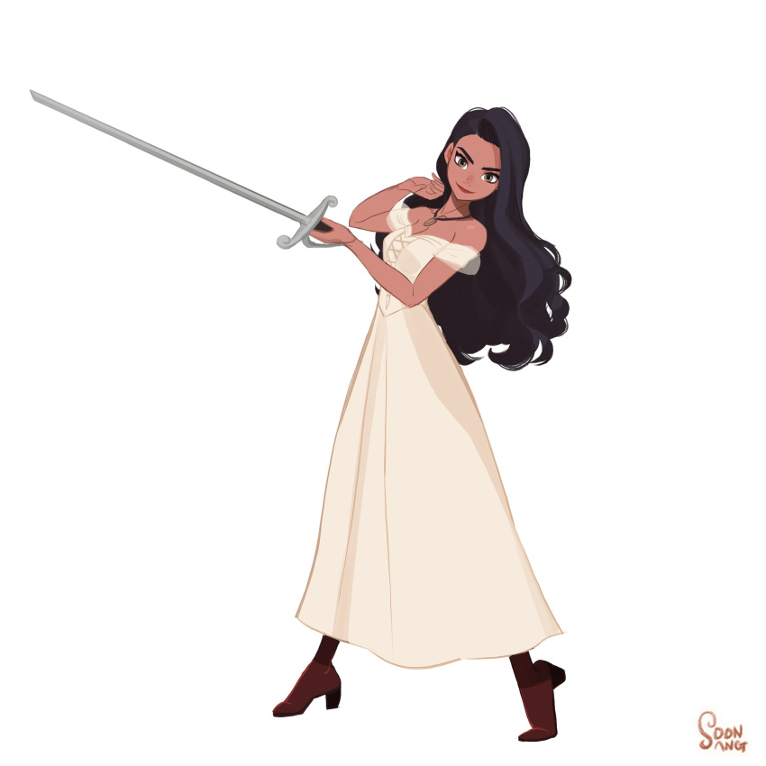 1girl, absurdres, black_hair, boots, dress, elena_de_la_vega, high_heel_boots, high_heels