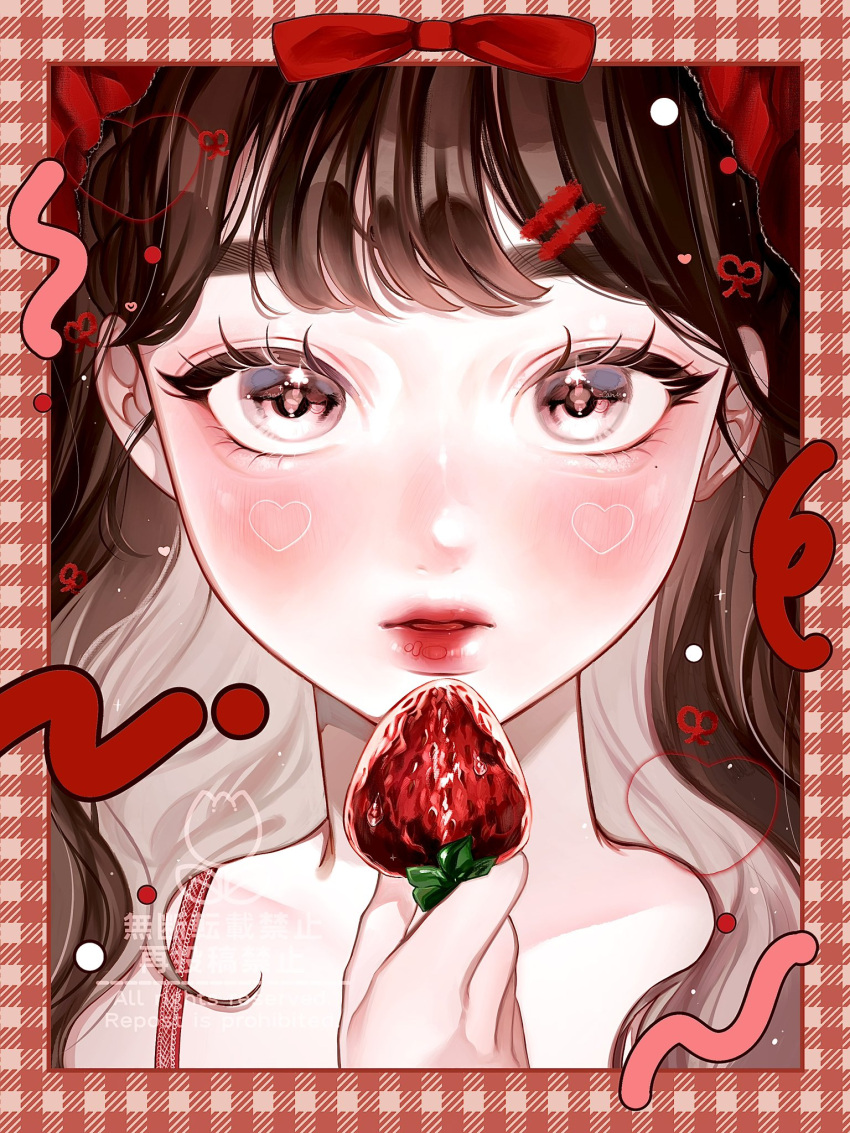 1girl, aegyo_sal, blush, brown_eyes, brown_hair, close-up, eyelashes, food