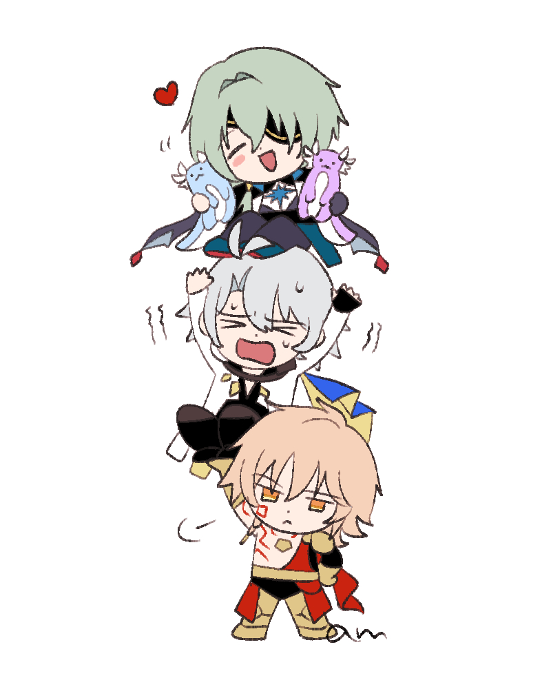 3boys, am_starrail, anaxa_(honkai:_star_rail), aqua_hair, chibi, closed_mouth, full_body, grey_hair