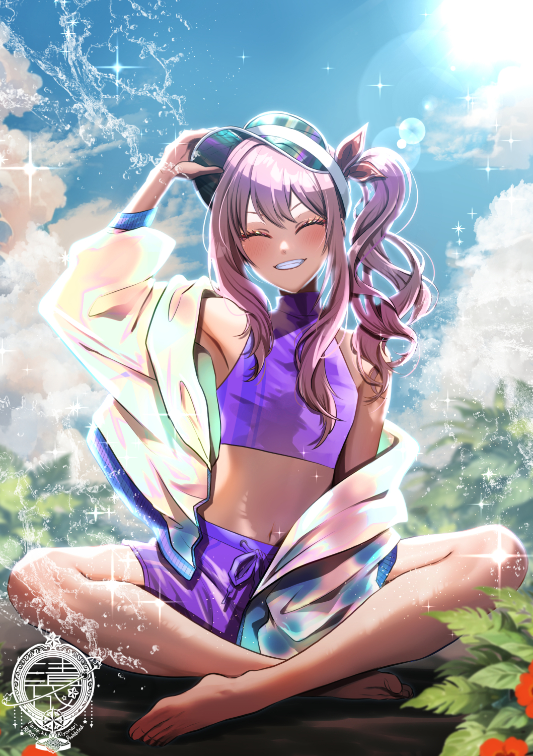 1other, akiyama_mizuki, alternate_costume, ambiguous_gender, artist_logo, bare_shoulders, barefoot, blue_sky, blurry, blurry_background, bow, clouds, commentary_request, crop_top, curly_hair, day, flower, grin, hair_bow, hand_on_headwear, highres, holographic_clothing, indian_style, jacket, jacket_partially_removed, leaf, lens_flare, logo, midriff, navel, outdoors, pink_hair, project_sekai, purple_shirt, purple_swim_trunks, red_bow, red_flower, shirt, side_ponytail, sitting, sky, sleeveless, sleeveless_shirt, smile, solo, sparkle, swimsuit, teeth, tiprip_kk, visor_lift, water