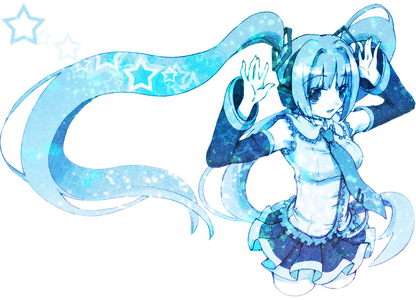 akihiro, arms_up, bad_id, detached_sleeves, frills, hatsune_miku, headphones, headset