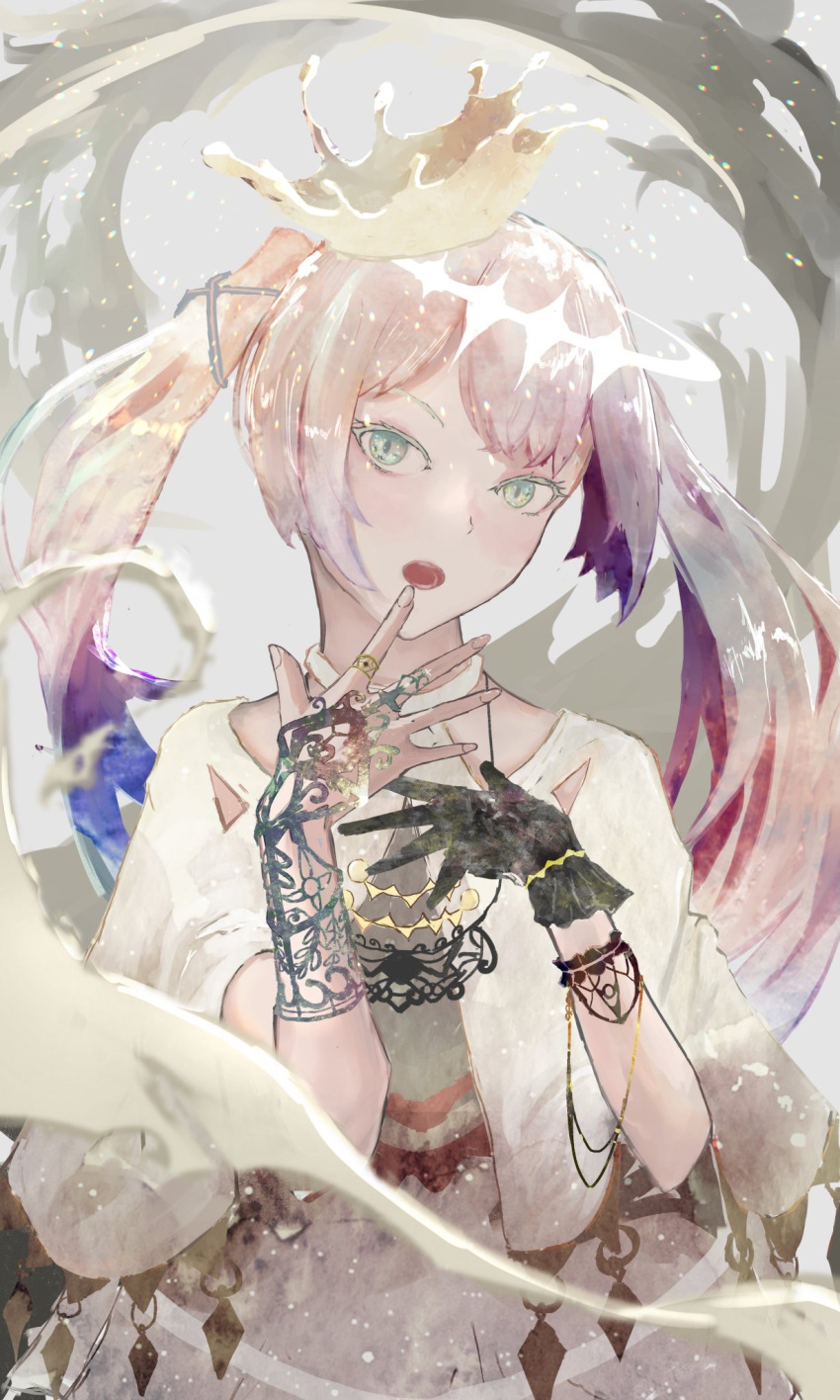 1girl, asymmetrical_gloves, black_gloves, bracelet, capelet, check_commentary, choker, commentary_request, crown, double_dougnuts, dress, gloves, grey_eyes, grey_hair, hair_ornament, hands_up, hatsune_miku, highres, jewelry, looking_at_viewer, milk, milk_crown, milk_crown_on_sonechka_(vocaloid), mismatched_gloves, necklace, open_hands, open_mouth, parted_bangs, ring, sidelocks, solo, splash_crown, splashing, straight-on, twintails, upper_body, vocaloid, white_capelet, white_choker, white_dress