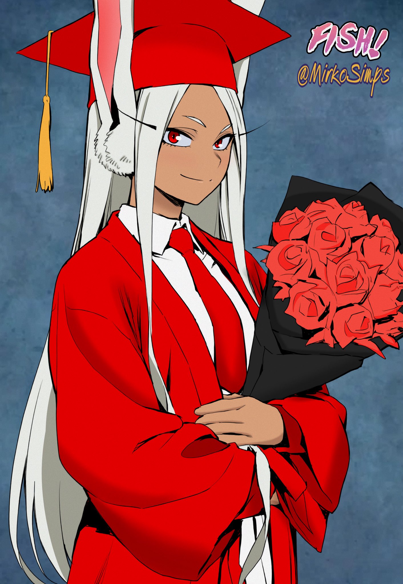 1girl, absurdly_long_sidelocks, alternate_costume, animal_ears, artist_collaboration, artist_name, boku_no_hero_academia, bouquet, collared_shirt, colorized, commentary, dark-skinned_female, dark_skin, english_commentary, flower, graduation, hat, highres, holding, holding_bouquet, long_eyelashes, long_hair, looking_at_viewer, mirko, mirkosimps, mortarboard, necktie, parallaxfused, parted_bangs, rabbit_ears, rabbit_girl, red_eyes, red_flower, red_necktie, red_robe, robe, shirt, smile, solo, very_long_hair, white_hair, white_shirt