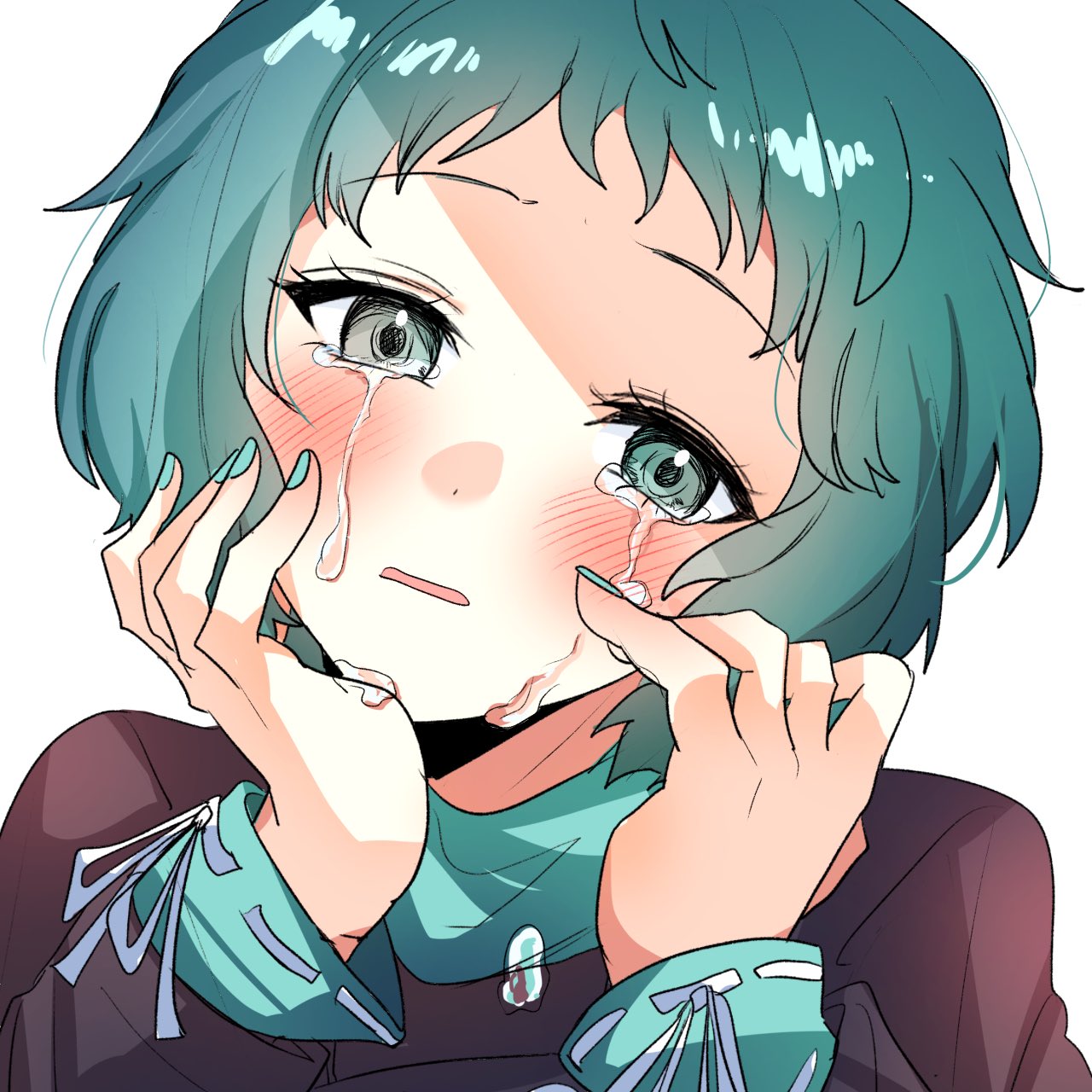 1girl, aqua_eyes, aqua_hair, crying, gekkoukan_high_school_uniform, hands_on_own_face, highres, looking_at_viewer, persona, persona_3, school_uniform, short_hair, simple_background, tears, turtleneck, white_background, yamagishi_fuuka, yuyuy_00