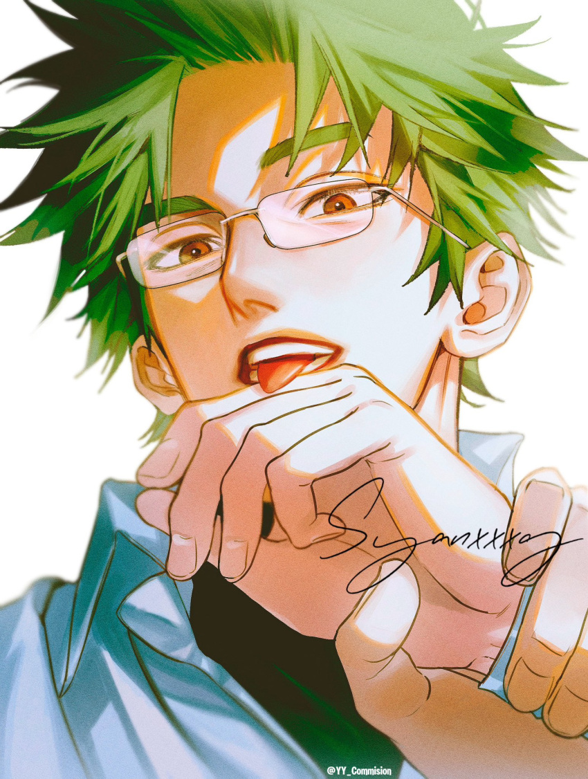 1boy, brown_eyes, glasses, green_hair, highres, kotaro_tamon, long_sleeves, looking_at_viewer