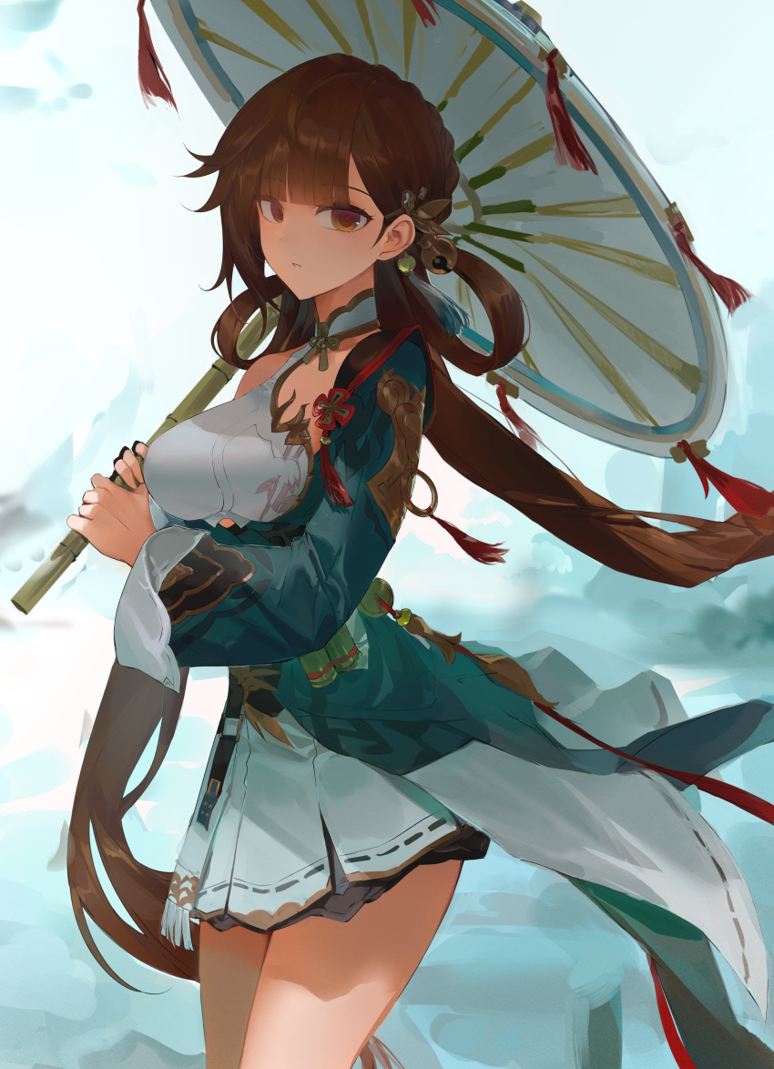 1girl, absurdres, baiser3rd, bell, breasts, brown_eyes, brown_hair, chinese_clothes