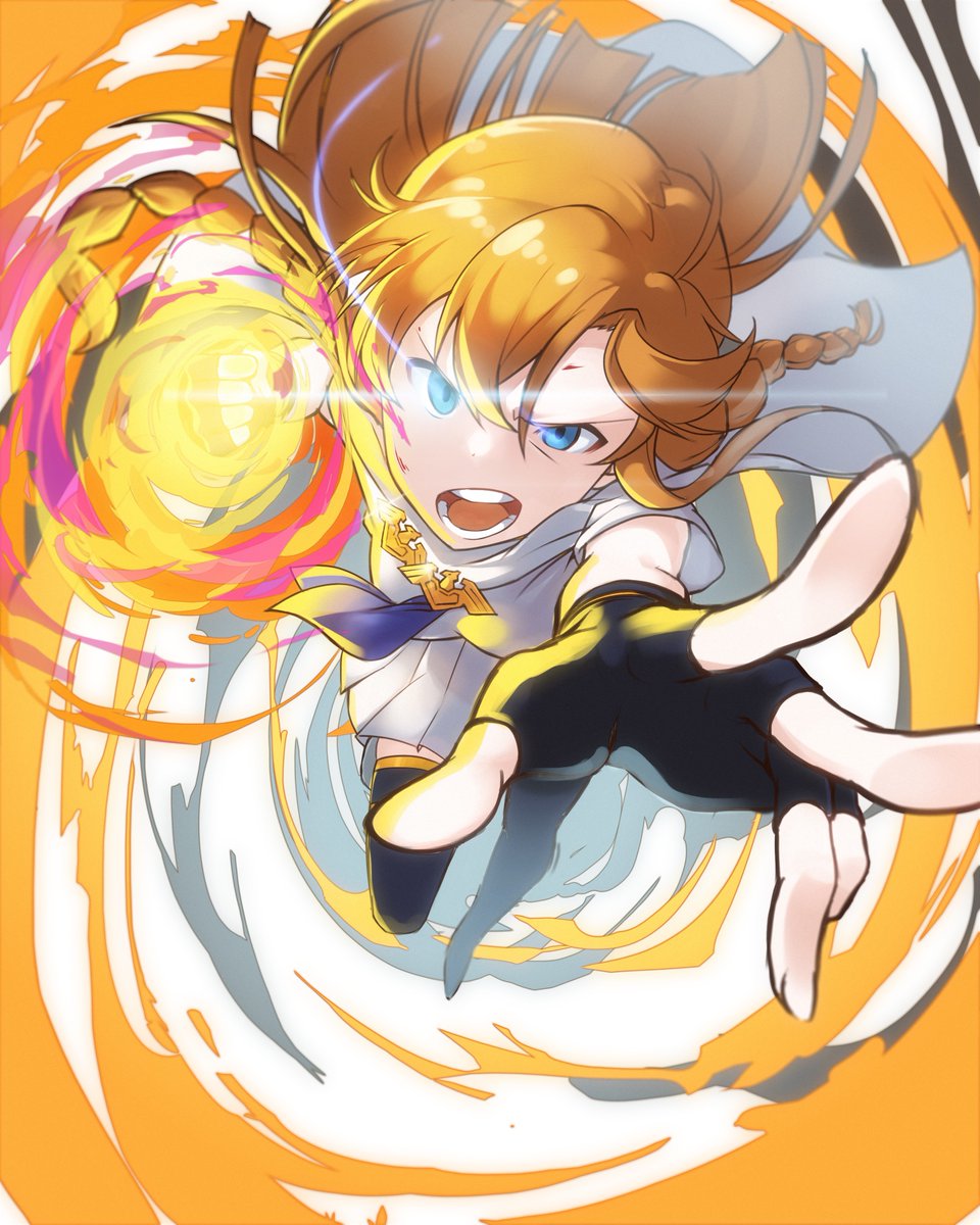 1girl, black_gloves, black_thighhighs, blonde_hair, blue_eyes, braid, cape, clenched_hand, commentary_request, fingerless_gloves, flaming_hand, gloves, hair_between_eyes, highres, idolmaster, idolmaster_million_live!, incoming_attack, incoming_punch, kakaobataa, kousaka_umi, long_hair, looking_at_viewer, mighty_sailor, open_hand, open_mouth, punching, shirt, short_sleeves, skirt, solo, thigh-highs, white_cape, white_shirt, white_skirt