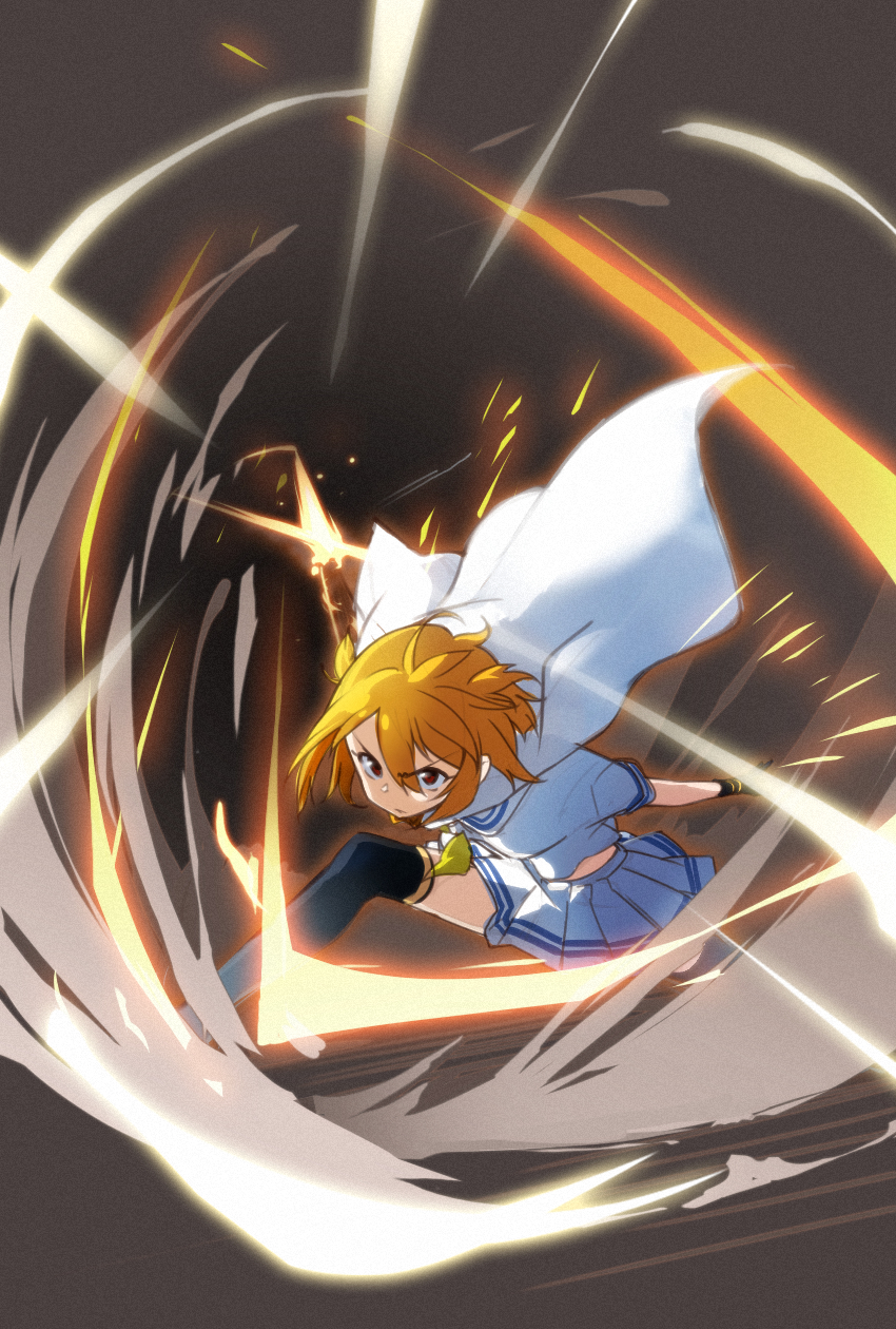 1girl, black_gloves, black_thighhighs, blonde_hair, breasts, cape, closed_mouth, commentary_request, fingerless_gloves, gloves, hair_between_eyes, highres, ibuki_tsubasa, idolmaster, idolmaster_million_live!, kakaobataa, looking_at_viewer, mighty_sailor, red_eyes, sailor_collar, sailor_shirt, shirt, short_hair, short_sleeves, skirt, solo, thigh-highs, white_cape, white_shirt, white_skirt